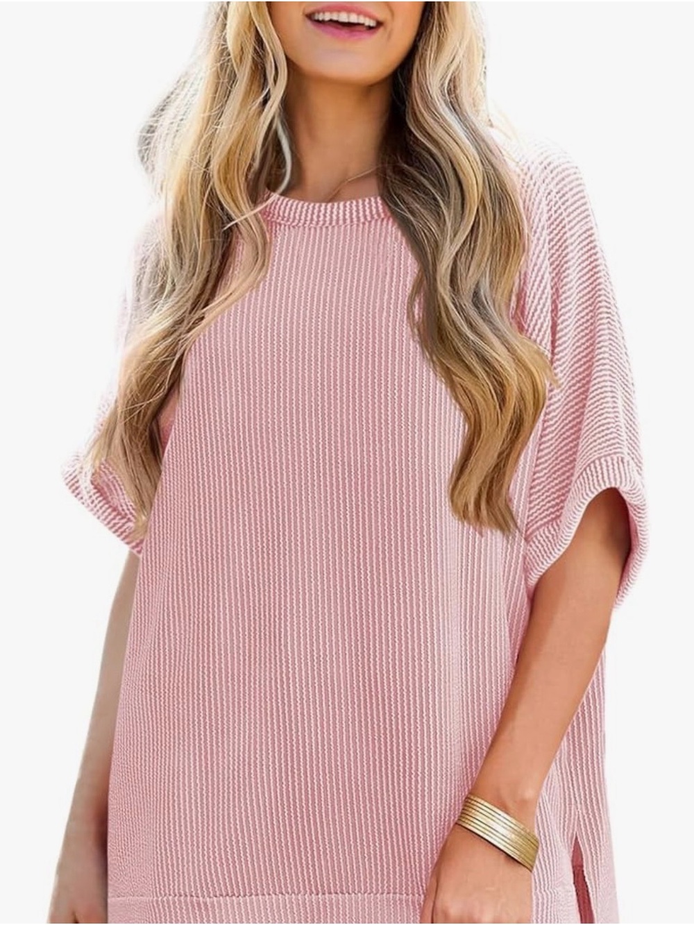 Relaxed Pink Ribbed Tunic Top by